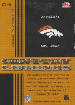 2006 Donruss Threads - Century Legends Materials #CL-5 John Elway Back