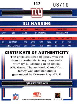 2006 Donruss Threads - Jerseys Prime #117 Eli Manning Back