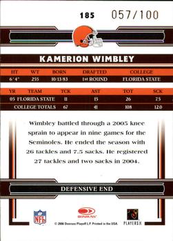 2006 Donruss Threads - Rookie Autographs #185 Kamerion Wimbley Back