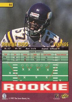 1997 Score Board Playbook #94 Dwayne Rudd Back