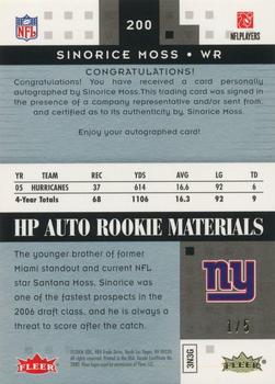2006 Fleer Hot Prospects - Autographed Rookie Material Letters Gold Set Redemption #200 Sinorice Moss Back