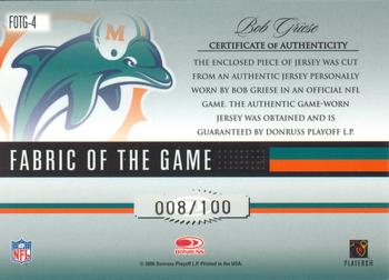 2006 Leaf Certified Materials - Fabric of the Game #FOTG-4 Bob Griese Back