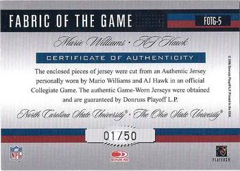 2006 Leaf Certified Materials - Fabric of the Game College Combos #FOTG-5 Mario Williams / A.J. Hawk Back