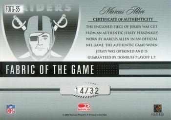 2006 Leaf Certified Materials - Fabric of the Game Jersey Number #FOTG-35 Marcus Allen Back