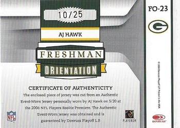 2006 Leaf Rookies & Stars - Freshman Orientation Materials Jerseys Prime #FO-23 A.J. Hawk Back