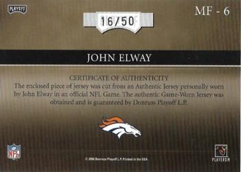 2006 Playoff Absolute Memorabilia - Marks of Fame Material Autographs #MF-6 John Elway Back