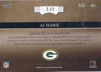 2006 Playoff Absolute Memorabilia - Marks of Fame Material Autographs Prime Spectrum #MF-46 A.J. Hawk Back