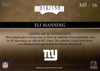 2006 Playoff Absolute Memorabilia - Marks of Fame Materials #MF-16 Eli Manning Back