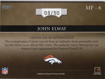 2006 Playoff Absolute Memorabilia - Marks of Fame Materials Prime #MF-6 John Elway Back