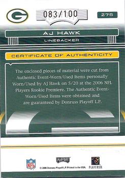 2006 Playoff Absolute Memorabilia - Rookie Premiere Materials Autographs #275 A.J. Hawk Back