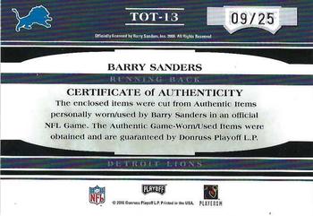 2006 Playoff Absolute Memorabilia - Tools of the Trade Material Double Black Spectrum #TOT-13 Barry Sanders Back