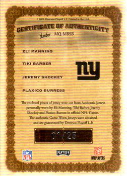 2006 Playoff National Treasures - Material Quads #MQ-MBSB Eli Manning / Tiki Barber / Jeremy Shockey / Plaxico Burress Back