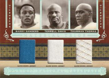 2006 Playoff National Treasures - Material Trios #MT-SDT Barry Sanders / Terrell Davis / Thurman Thomas Front