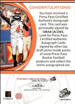 2006 Press Pass - Autographs Blue #NNO Omar Jacobs Back