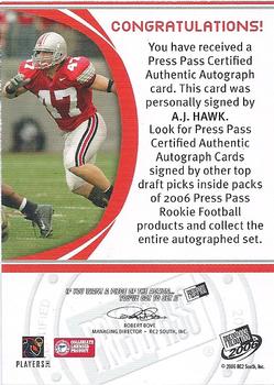 2006 Press Pass - Autographs Blue Red Ink #NNO A.J. Hawk Back