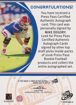 2006 Press Pass - Autographs Bronze #NNO Mike DeGory Back