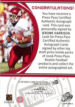 2006 Press Pass - Autographs Bronze #NNO Jerome Harrison Back