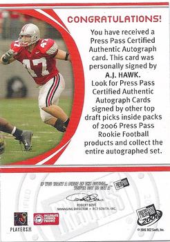2006 Press Pass - Autographs Bronze Red Ink #NNO A.J. Hawk Back