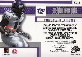 2006 Press Pass - Game Used Jerseys Gold #JC/CR Cory Rodgers Back
