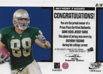 2006 Press Pass - Game Used Jerseys Green #JC/AF Anthony Fasano Back