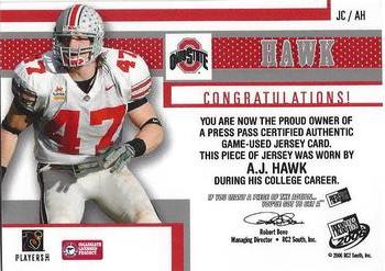 2006 Press Pass - Game Used Jerseys Silver #JC/AH A.J. Hawk Back