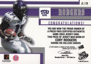 2006 Press Pass - Game Used Jerseys Silver #JC/CR Cory Rodgers Back
