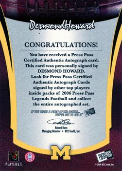2006 Press Pass Legends - Legendary Legacy Autographs Gold #NNO Desmond Howard Back
