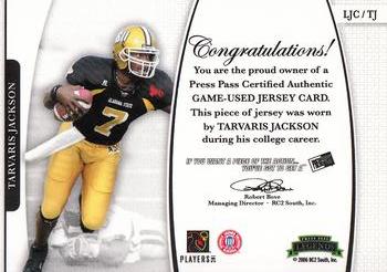 2006 Press Pass Legends - Saturday Swatches #LJC/TJ Tarvaris Jackson Back