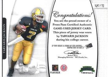 2006 Press Pass Legends - Saturday Swatches Platinum #LJC/TJ Tarvaris Jackson Back