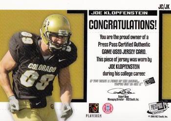 2006 Press Pass SE - Game Used Jerseys Gold #JC/JK Joe Klopfenstein Back