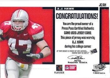 2006 Press Pass SE - Game Used Jerseys Silver #JC/AH A.J. Hawk Back