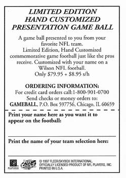 1997 Ultra #NNO Hand Customized Presentation Game Football Offer Back