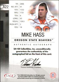 2006 SAGE - Autographs Bronze #A22 Mike Hass Back