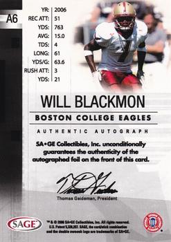2006 SAGE - Autographs Gold #A6 Will Blackmon Back