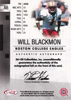 2006 SAGE - Autographs Player Proofs #A6 Will Blackmon Back