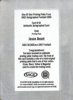 2006 SAGE - Autographs Printing Plates Cyan #A3 Jason Avant Back