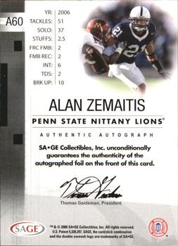 2006 SAGE - Autographs Red #A60 Alan Zemaitis Back