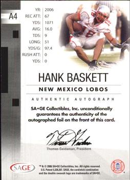 2006 SAGE - Autographs Silver #A4 Hank Baskett Back