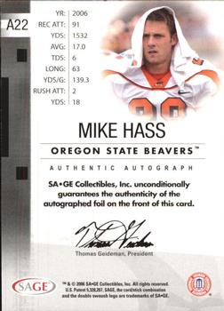2006 SAGE - Autographs Silver #A22 Mike Hass Back