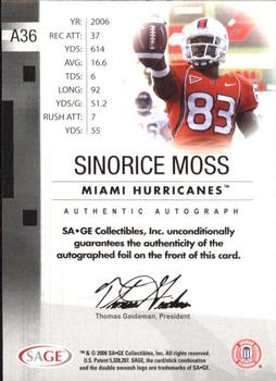 2006 SAGE - Autographs Silver #A36 Sinorice Moss Back