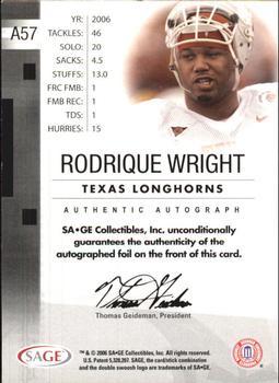 2006 SAGE - Autographs Silver #A57 Rodrique Wright Back