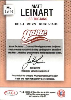 2006 SAGE Game Exclusives - Matt Leinart Jerseys Bronze #ML2 Matt Leinart Back