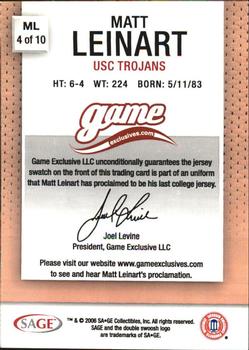 2006 SAGE Game Exclusives - Matt Leinart Jerseys Bronze #ML4 Matt Leinart Back