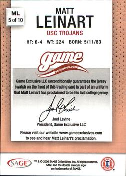 2006 SAGE Game Exclusives - Matt Leinart Jerseys Bronze #ML5 Matt Leinart Back