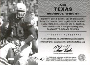 2006 SAGE HIT - Autographs Gold #A45 Rodrique Wright Back