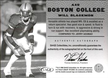 2006 SAGE HIT - Autographs Gold #A49 Will Blackmon Back