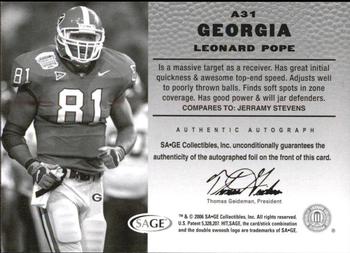 2006 SAGE HIT - Autographs Silver #A31 Leonard Pope Back
