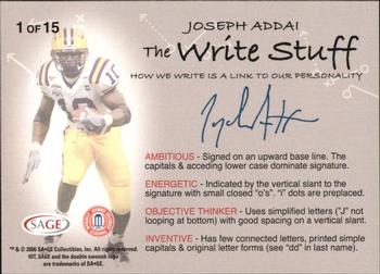 2006 SAGE HIT - Write Stuff #1 Joseph Addai Back
