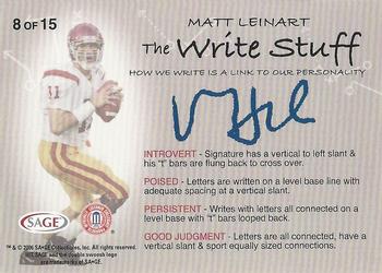 2006 SAGE HIT - Write Stuff #8 Matt Leinart Back