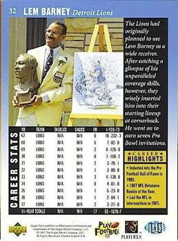 1997 Upper Deck Legends #32 Lem Barney Back